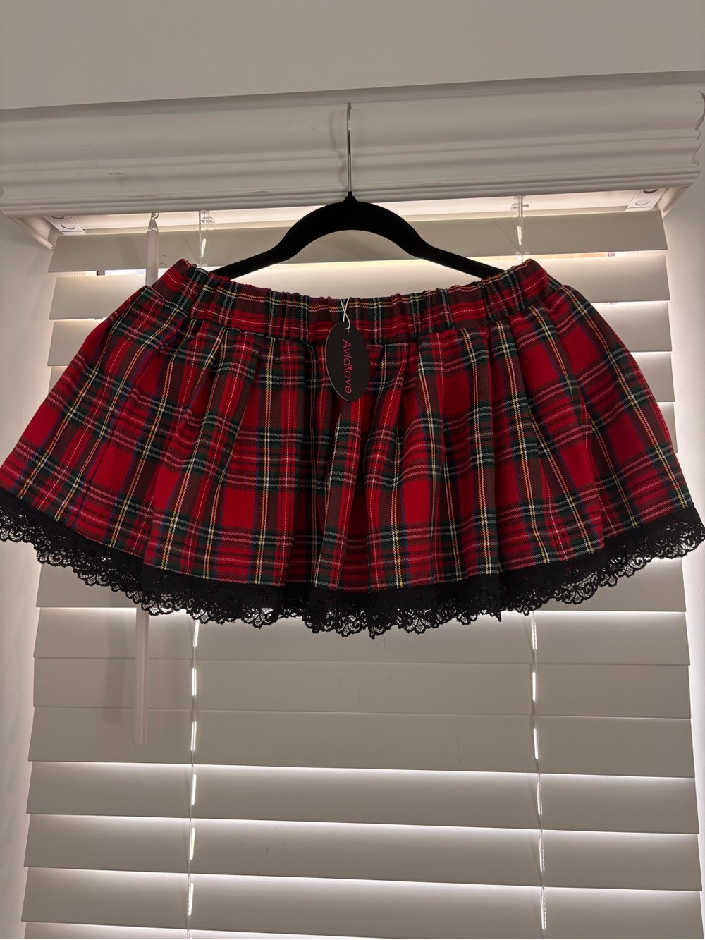 Plaid Mini Skirt with Lace Trim - Red Tartan